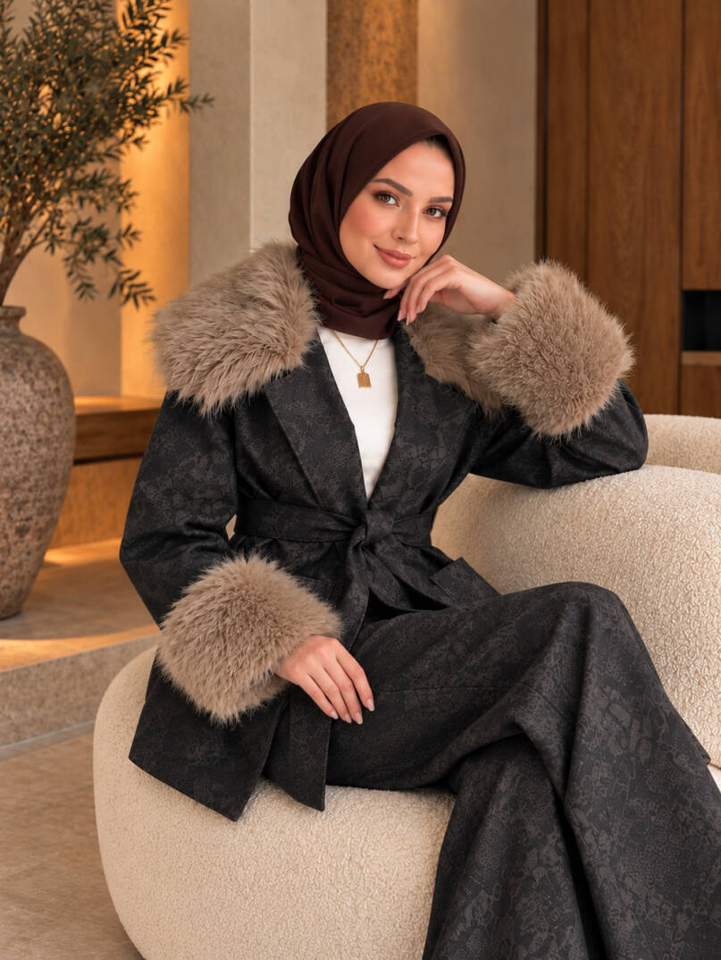 Ahenk Kürk Detaylı Kot Takım - Kahve - 22094-KAHVE - 2