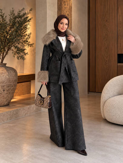Ahenk Kürk Detaylı Kot Takım - Kahve - 22094-KAHVE - 5