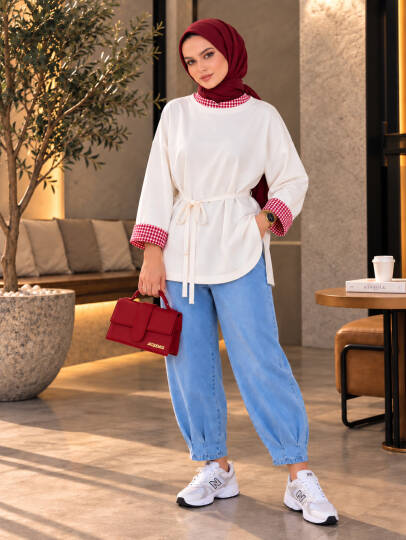 Bella Pötikare Detaylı Belden Bağlamalı Sweat - Kırmızı - 22066-KIRMIZI