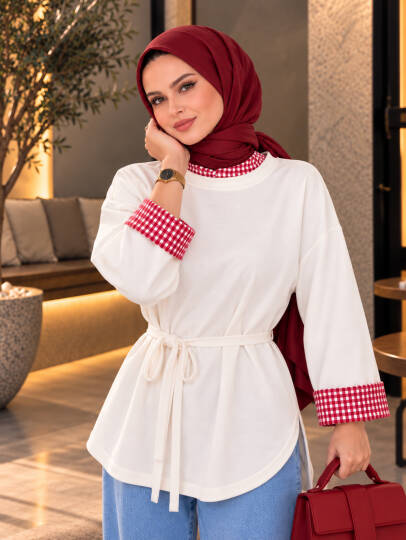 Bella Pötikare Detaylı Belden Bağlamalı Sweat - Kırmızı - 22066-KIRMIZI - 3