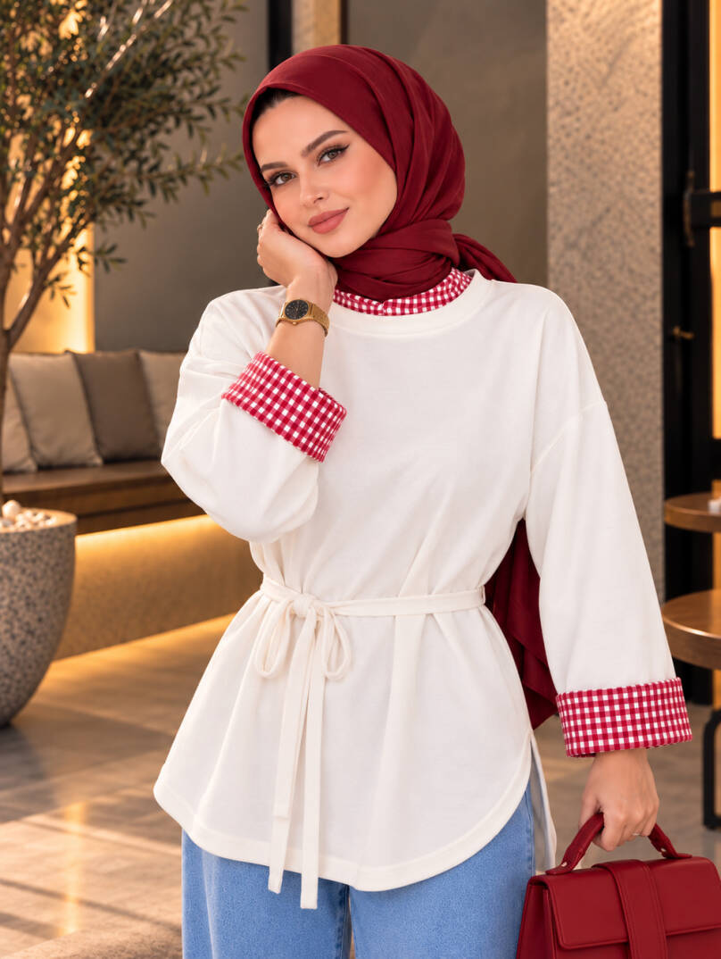 Bella Pötikare Detaylı Belden Bağlamalı Sweat - Kırmızı - 22066-KIRMIZI - 3