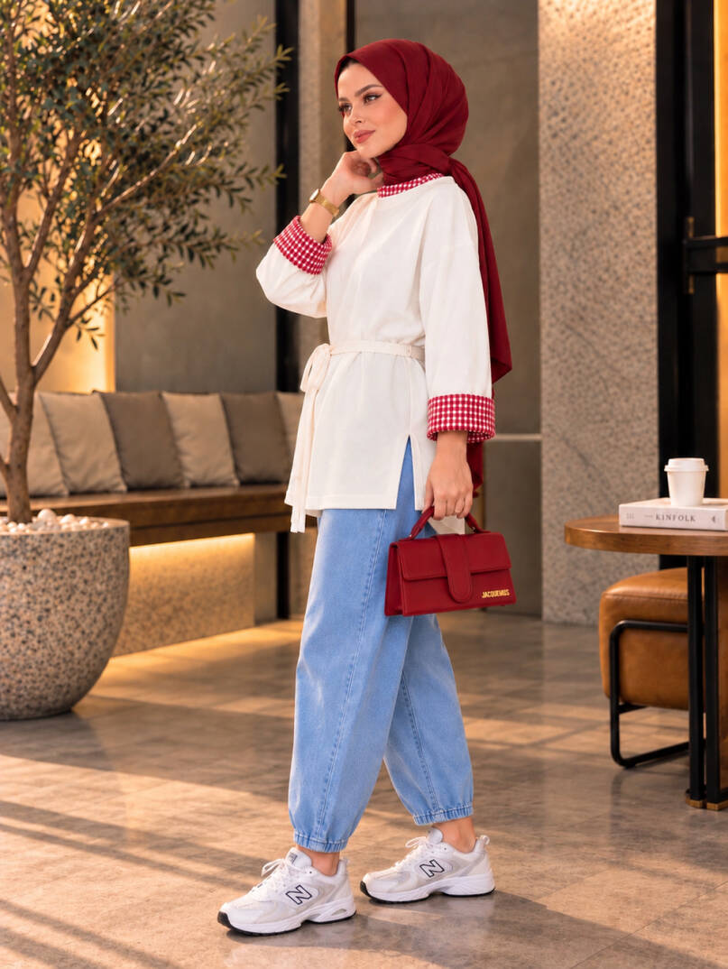 Bella Pötikare Detaylı Belden Bağlamalı Sweat - Kırmızı - 22066-KIRMIZI - 4