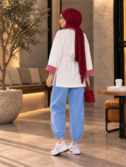 Bella Pötikare Detaylı Belden Bağlamalı Sweat - Kırmızı - 22066-KIRMIZI - 5