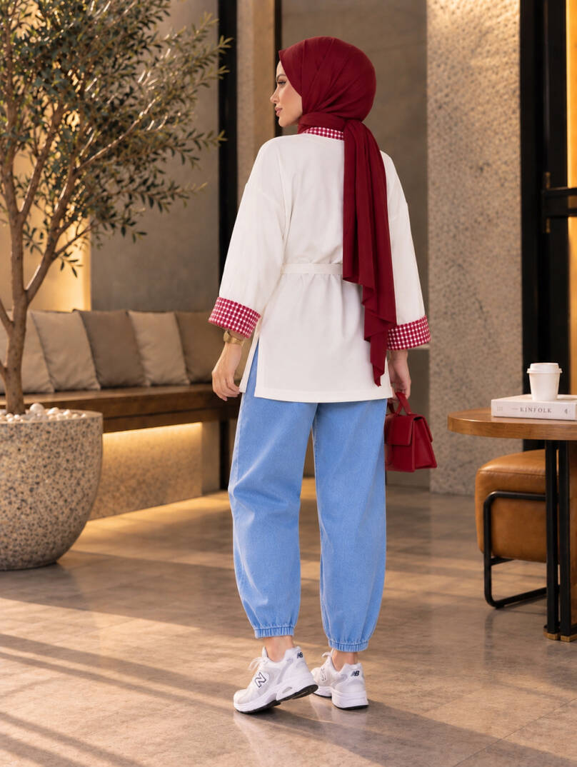 Bella Pötikare Detaylı Belden Bağlamalı Sweat - Kırmızı - 22066-KIRMIZI - 5