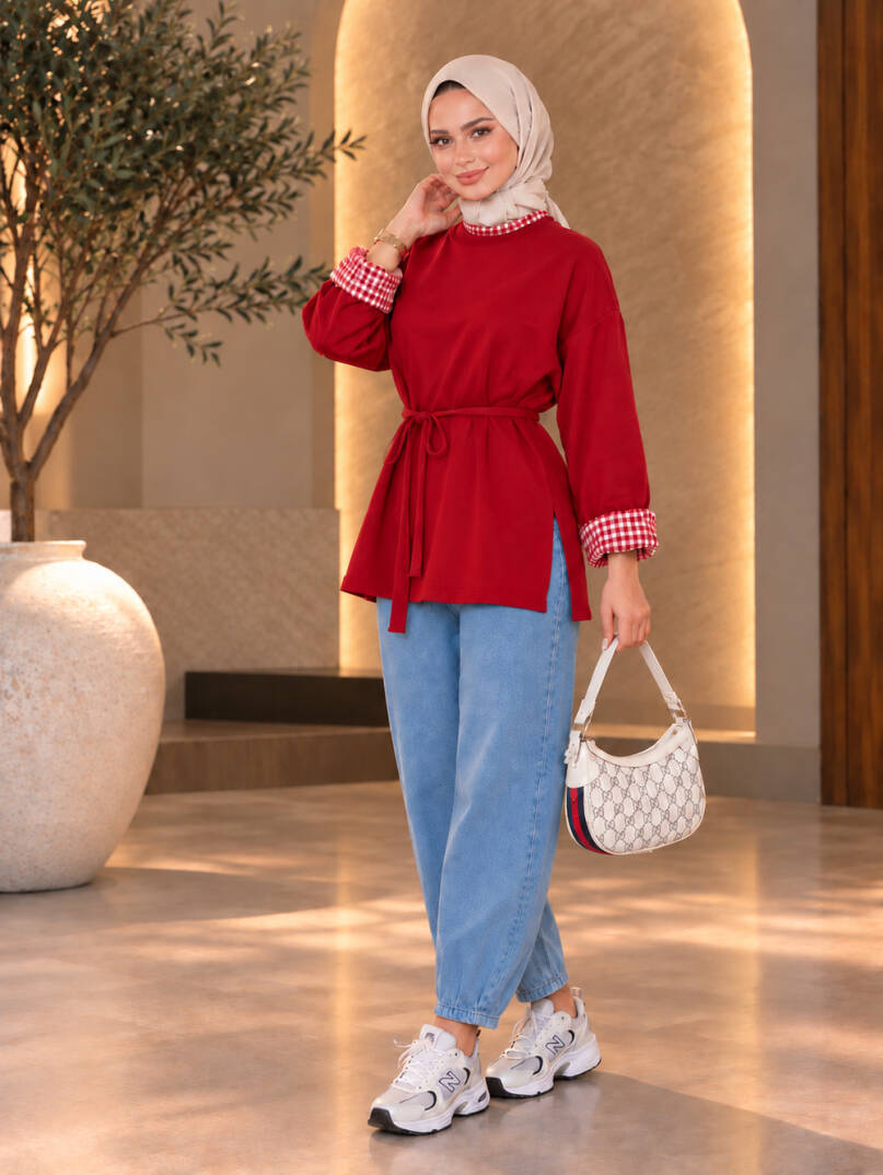 Bella Pötikare Detaylı Belden Bağlamalı Sweat - Kırmızı - 22066-KIRMIZI - 1