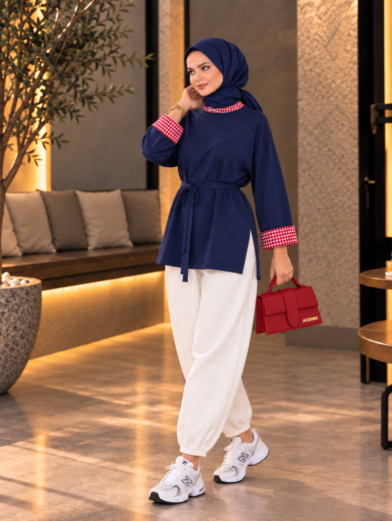 Bella Pötikare Detaylı Belden Bağlamalı Sweat - Lacivert - 22066-LACIVERT - 1
