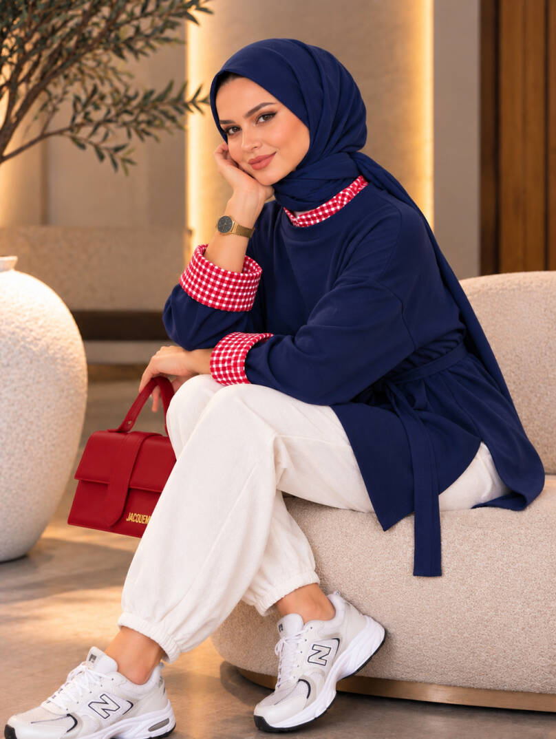 Bella Pötikare Detaylı Belden Bağlamalı Sweat - Lacivert - 22066-LACIVERT - 2