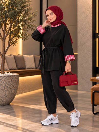 Bella Pötikare Detaylı Belden Bağlamalı Sweat - Siyah - 22066-SIYAH
