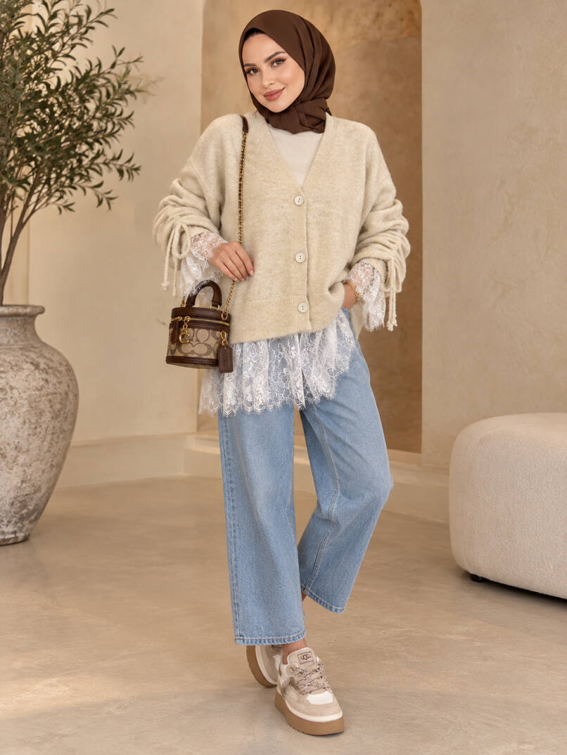 Colette Dantel Detaylı Hırka - Bej - 22082-BEJ - 1