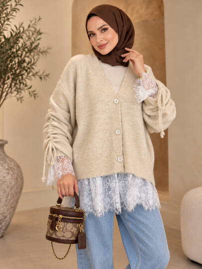 Colette Dantel Detaylı Hırka - Bej - 22082-BEJ - 2