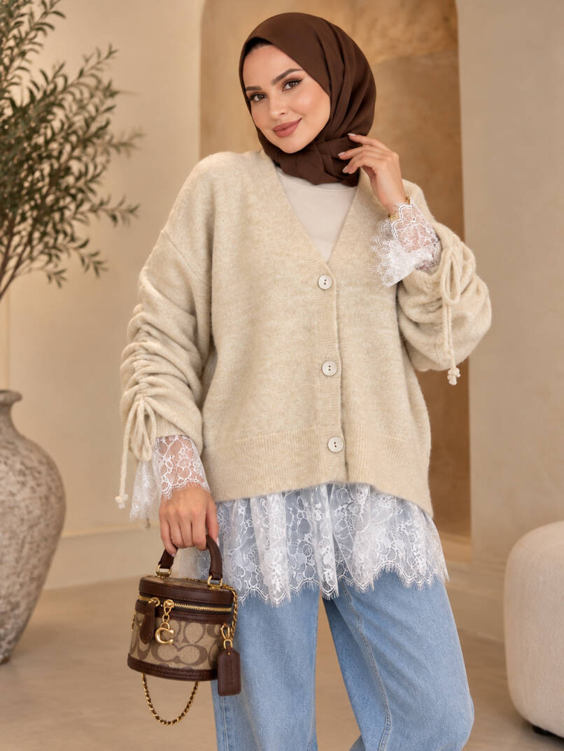 Colette Dantel Detaylı Hırka - Bej - 22082-BEJ - 2