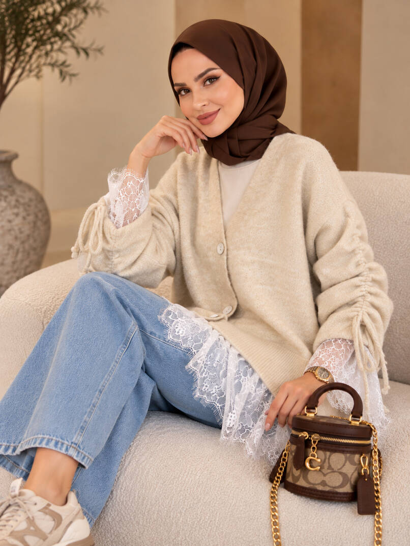 Colette Dantel Detaylı Hırka - Bej - 22082-BEJ - 3