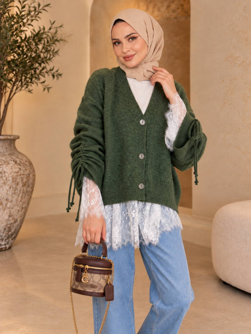 Colette Dantel Detaylı Hırka - Haki - 22082-HAKI - 2