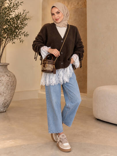 Colette Dantel Detaylı Hırka - Kahve - 22082-KAHVE