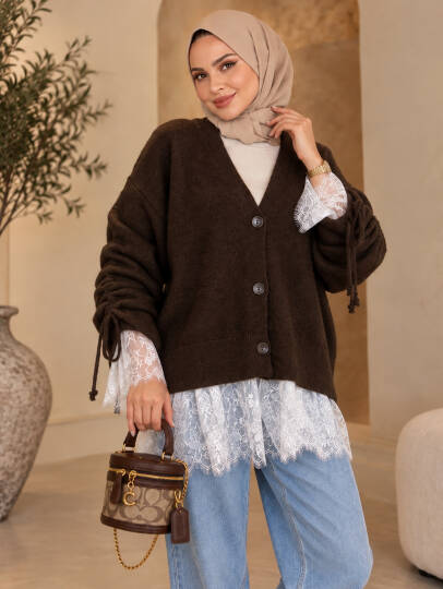 Colette Dantel Detaylı Hırka - Kahve - 22082-KAHVE - 2