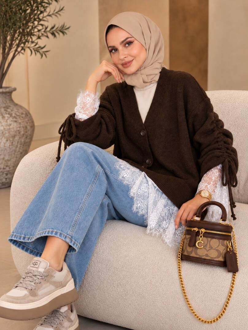 Colette Dantel Detaylı Hırka - Kahve - 22082-KAHVE - 3