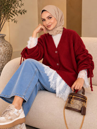 Colette Dantel Detaylı Hırka - Kırmızı - 22082-KIRMIZI - 3