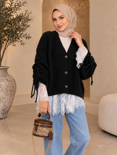 Colette Dantel Detaylı Hırka - Siyah - 22082-SIYAH - 2
