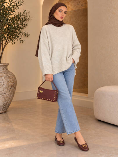 Comfy Oversize Triko Kazak - Bej - 22087-BEJ
