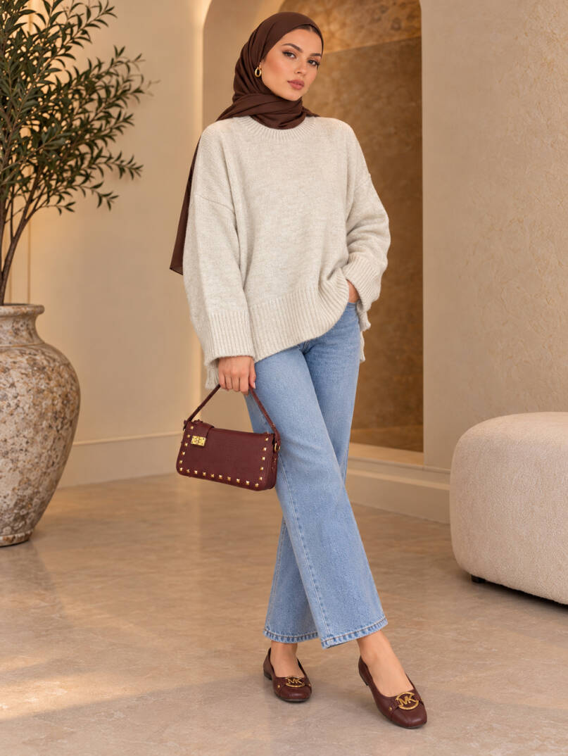 Comfy Oversize Triko Kazak - Bej - 22087-BEJ - 1