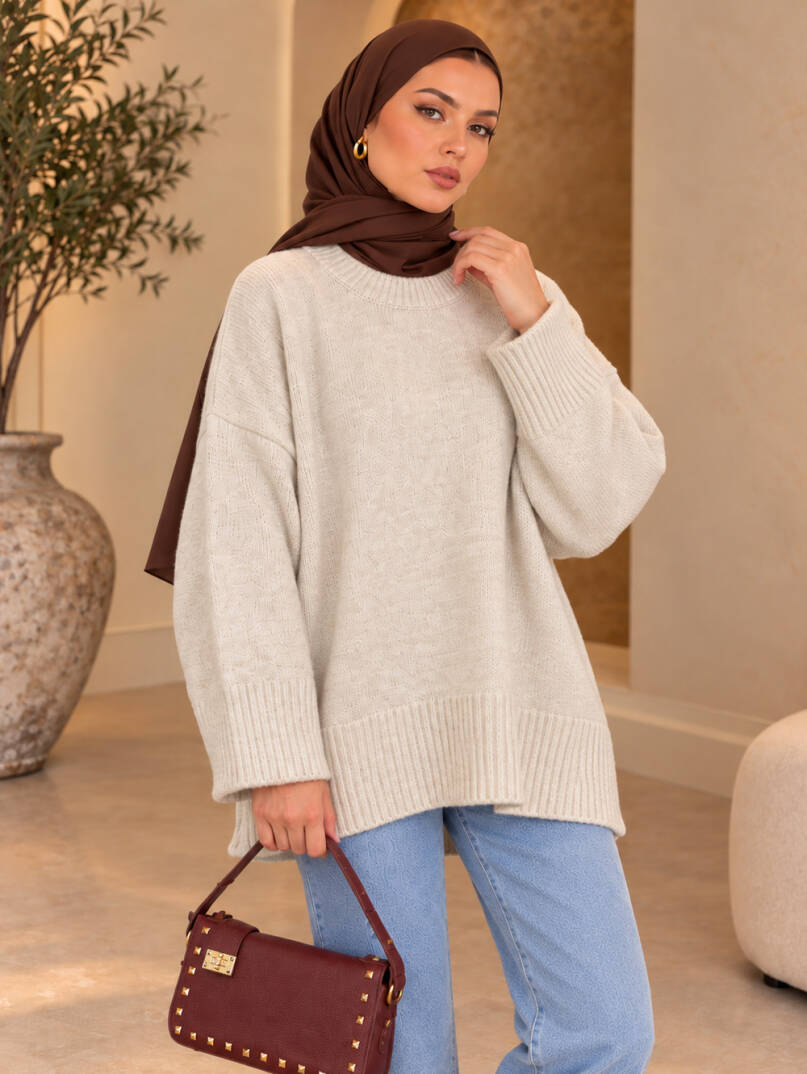 Comfy Oversize Triko Kazak - Bej - 22087-BEJ - 2