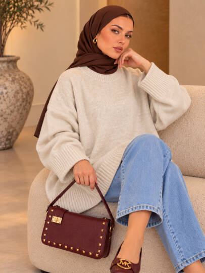 Comfy Oversize Triko Kazak - Bej - 22087-BEJ - 3