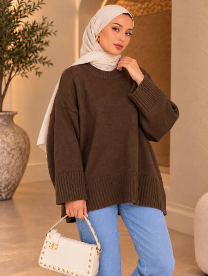 Comfy Oversize Triko Kazak - Kahve - 22087-KAHVE - 2