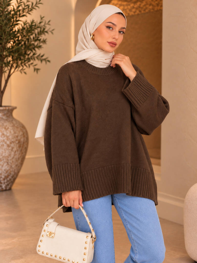 Comfy Oversize Triko Kazak - Kahve - 22087-KAHVE - 2