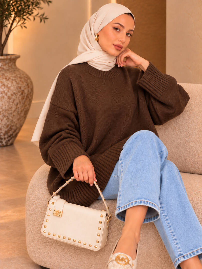 Comfy Oversize Triko Kazak - Kahve - 22087-KAHVE - 3
