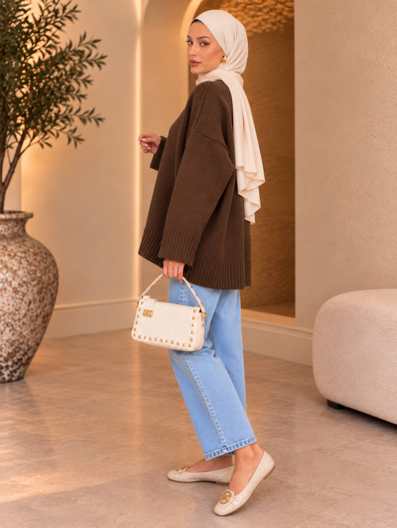 Comfy Oversize Triko Kazak - Kahve - 22087-KAHVE - 4
