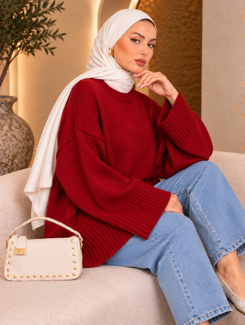 Comfy Oversize Triko Kazak - Kırmızı - 22087-KIRMIZI - 3