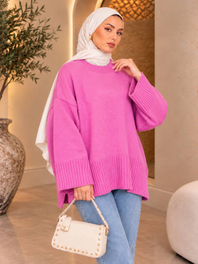 Comfy Oversize Triko Kazak - Pembe - 22087-PEMBE - 2