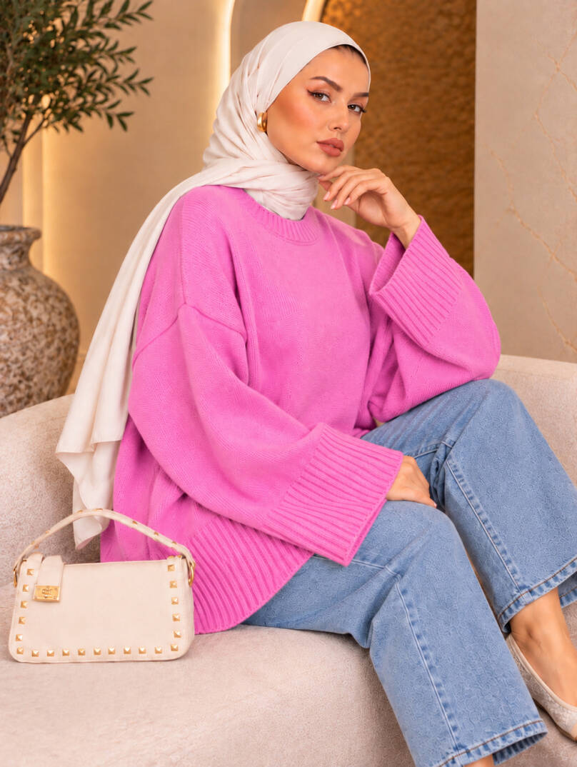 Comfy Oversize Triko Kazak - Pembe - 22087-PEMBE - 3
