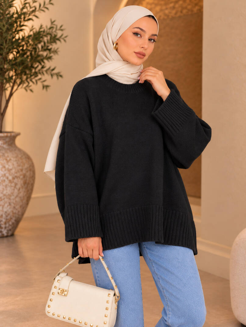 Comfy Oversize Triko Kazak - Siyah - 22087-SIYAH - 2