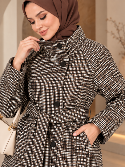 Dik Yaka Kuşaklı Ekose Trenç - Kahve - 22060-KAHVE - 2