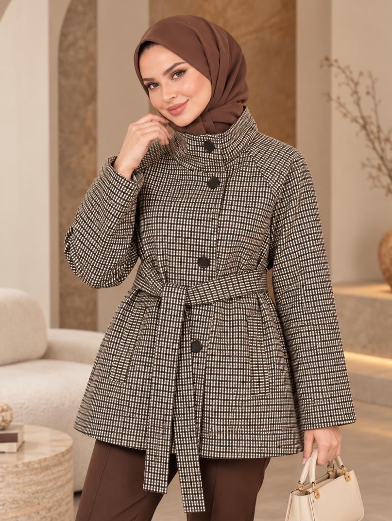 Dik Yaka Kuşaklı Ekose Trenç - Kahve - 22060-KAHVE - 3