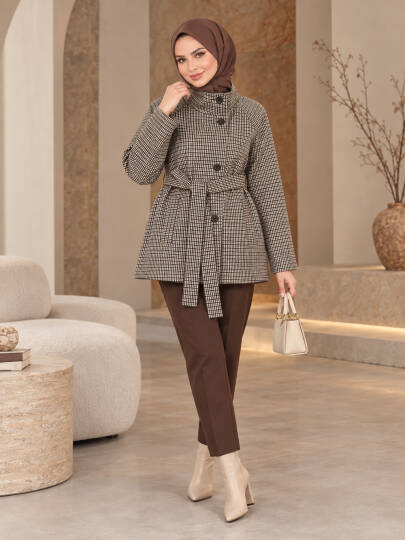 Dik Yaka Kuşaklı Ekose Trenç - Kahve - 22060-KAHVE