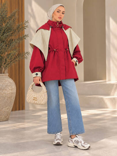 Drape Pelerin Detaylı Ceket - Kırmızı - 22090-KIRMIZI