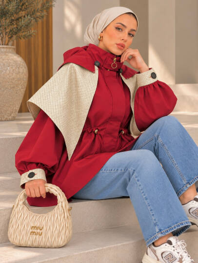 Drape Pelerin Detaylı Ceket - Kırmızı - 22090-KIRMIZI - 2