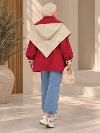 Drape Pelerin Detaylı Ceket - Kırmızı - 22090-KIRMIZI - 4