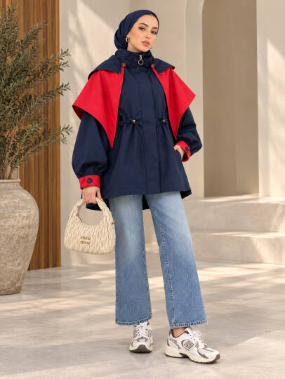 Drape Pelerin Detaylı Ceket - Lacivert - 22090-LACIVERT