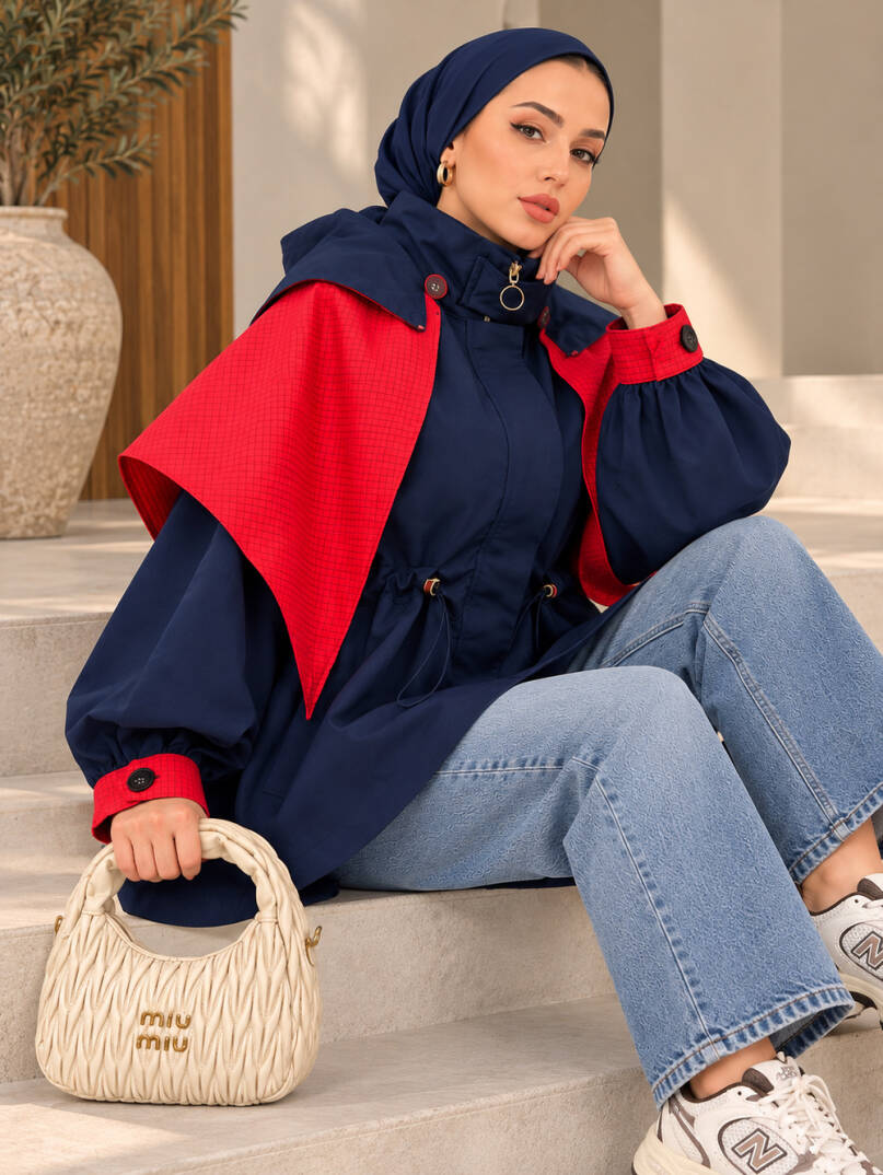 Drape Pelerin Detaylı Ceket - Lacivert - 22090-LACIVERT - 2