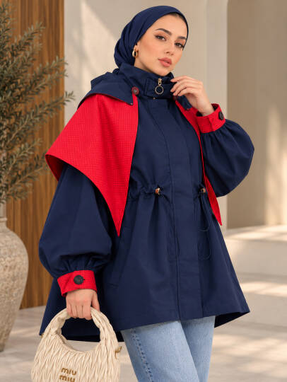 Drape Pelerin Detaylı Ceket - Lacivert - 22090-LACIVERT - 3