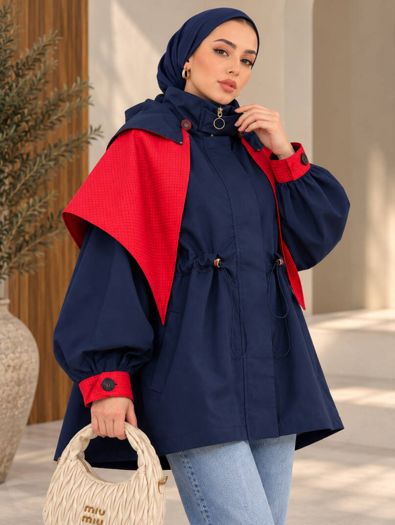 Drape Pelerin Detaylı Ceket - Lacivert - 22090-LACIVERT - 3