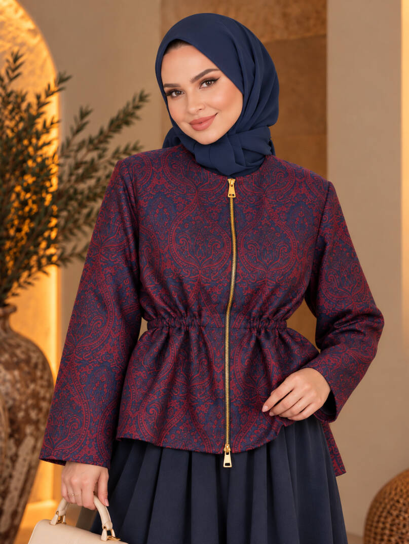 Etnik Desen Jakar Ceketli Etek Takım - Lacivert - 22056-LACIVERT - 2