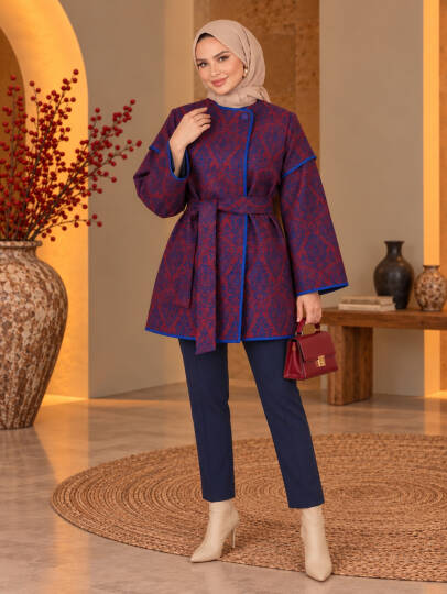 Etnik Desen Jakarlı Kuşaklı Kimono Ceket - Kırmızı - 22057-KIRMIZI