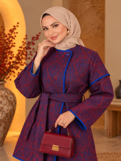 Etnik Desen Jakarlı Kuşaklı Kimono Ceket - Kırmızı - 22057-KIRMIZI - 2