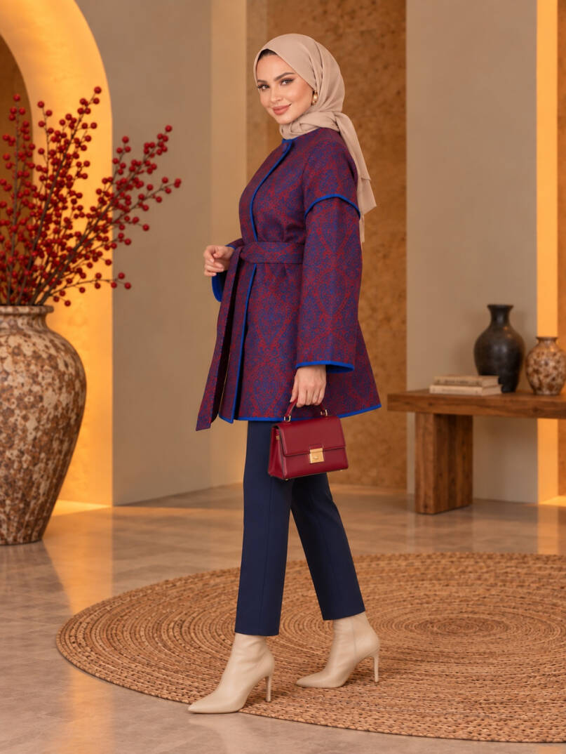 Etnik Desen Jakarlı Kuşaklı Kimono Ceket - Kırmızı - 22057-KIRMIZI - 3