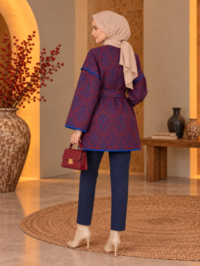 Etnik Desen Jakarlı Kuşaklı Kimono Ceket - Kırmızı - 22057-KIRMIZI - 4