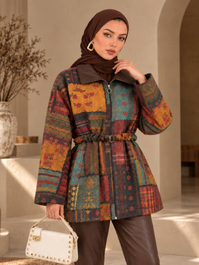 Etnika Kemerli Trenç Ceket - Kahve - 22096-KAHVE